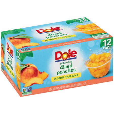 (12 Cups) Dole Fruit Bowls Yellow Cling Diced Peaches in 100% Fruit Juice, 4 oz