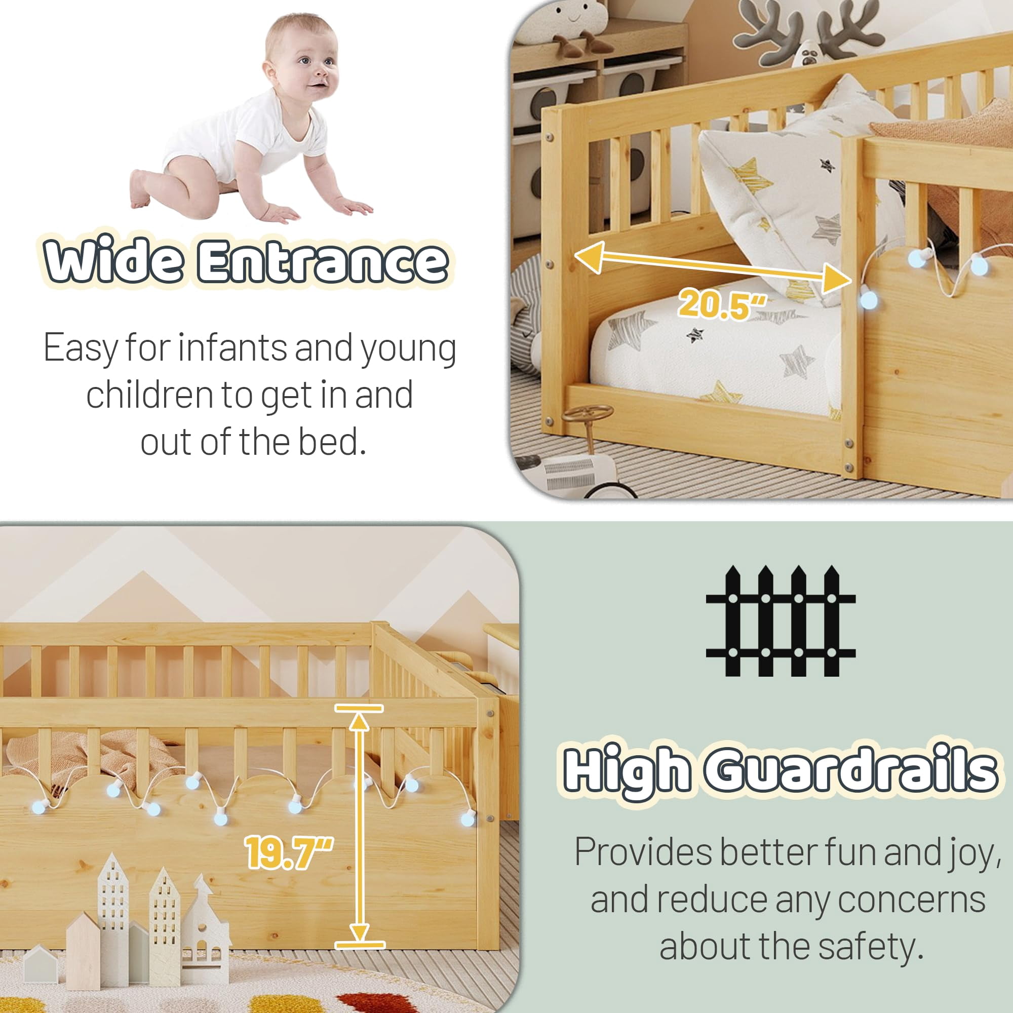 Mirightone Twin Montessori Bed with Rails and Storage Shelf, Wood Twin Floor Beds Frame with Light, Natural