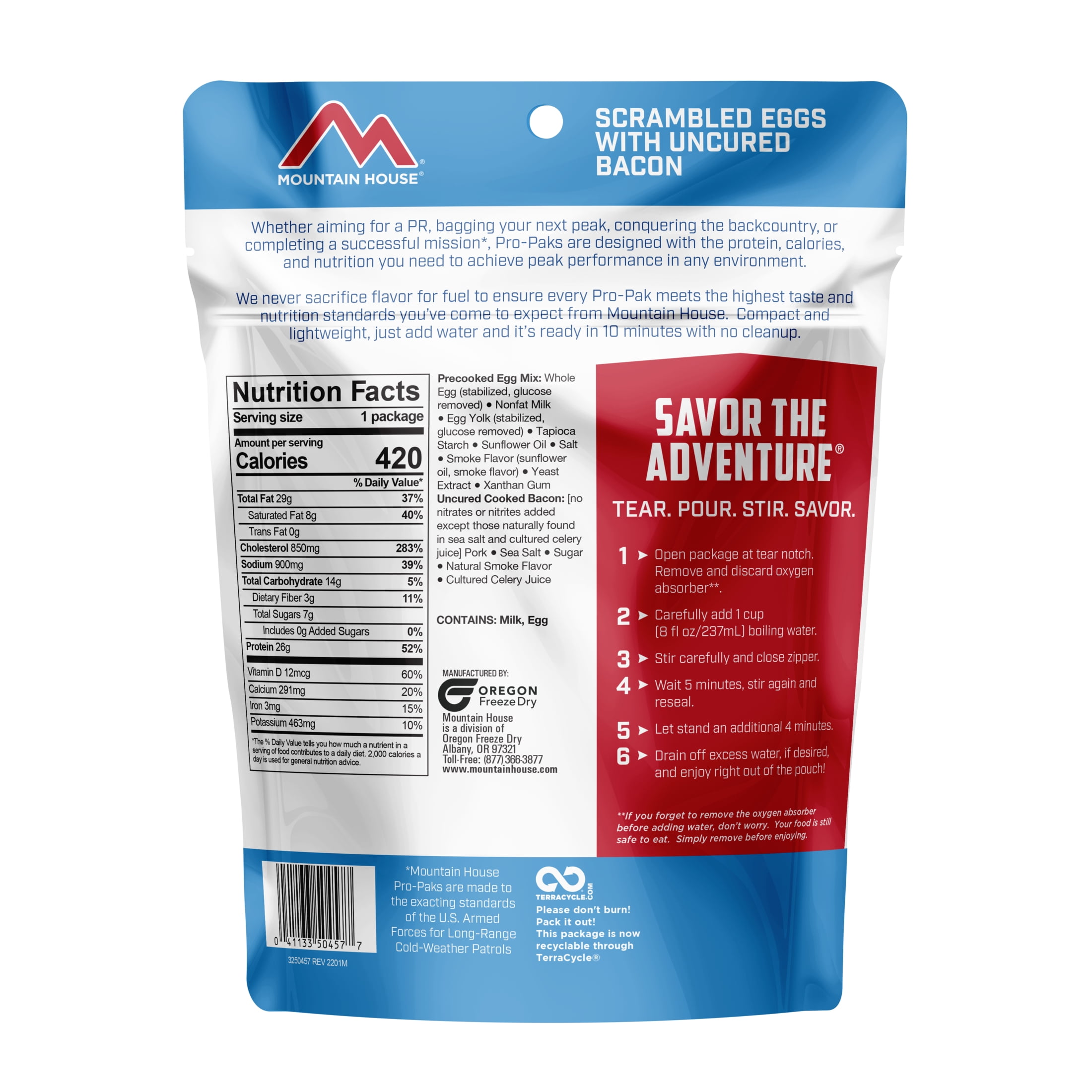 Mountain House Scrambled Eggs w/Bacon, Freeze-Dried Food, 1 Serving