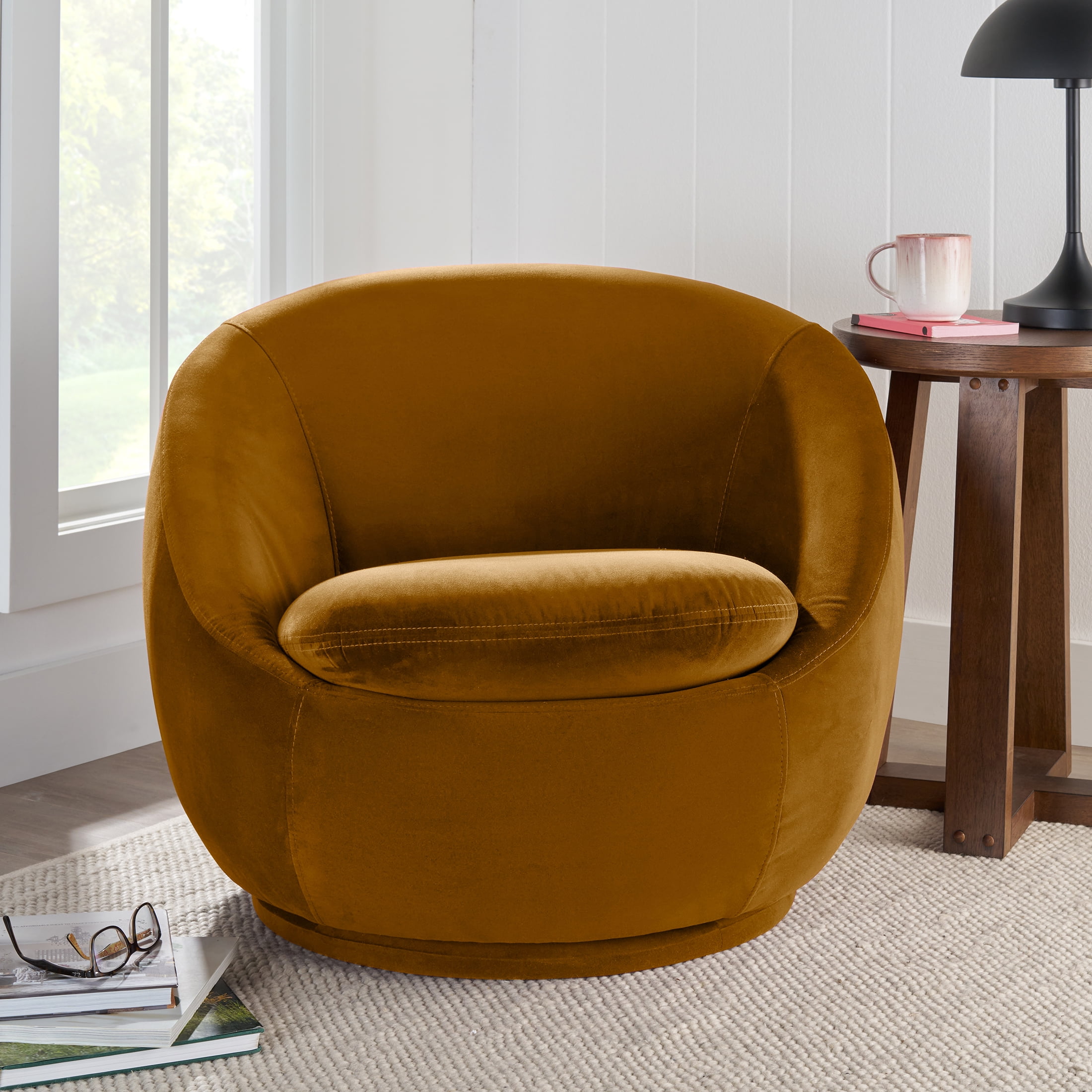 Better Homes & Gardens Mira Swivel Accent Chair, Ochre Velvet