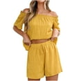 thumbnail image 1 of Women's Boho Two Piece Outfit Short Sleeve Ruffle Off Shoulder Top and Drawstring Shorts Beach Holiday Set Loungewear, 1 of 7