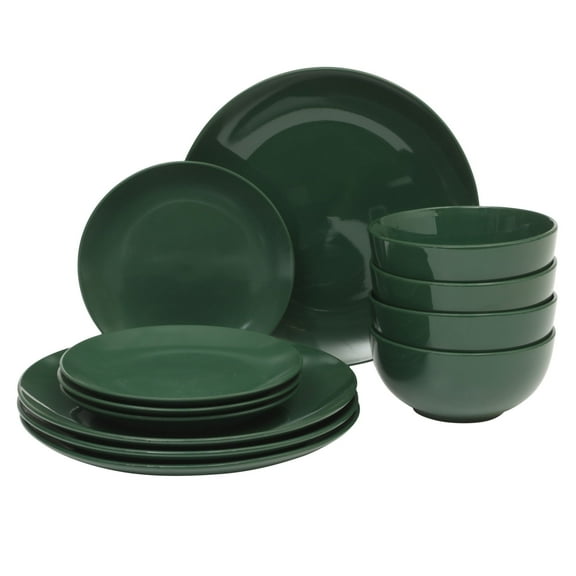 Gibson Home Simple Essential 12 Piece Plates and Bowls Porcelain Solid Color Dishes Ceramic Dinnerware Set - Hunter Green