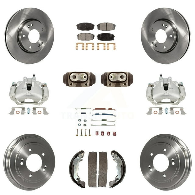 Transit Auto Front Rear Disc Brake Caliper Rotors Drums Semi-Metallic Pads Shoes Wheel Cylinders and Hardware Kit (11Pc) for Car Hyundai Elantra KC8-100914P