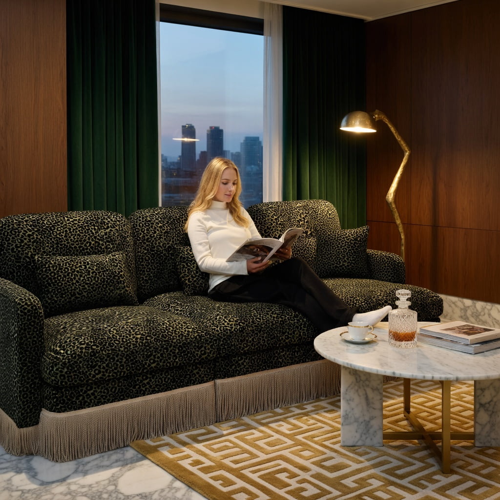 Hommoo 100" Modern Leopard Print Chenille 3-Seat Modular Sectional Sofa, Deep Seat Design with Tassel Trim, Ergonomic Support & Easy Tool-Free Assembly, Green Black