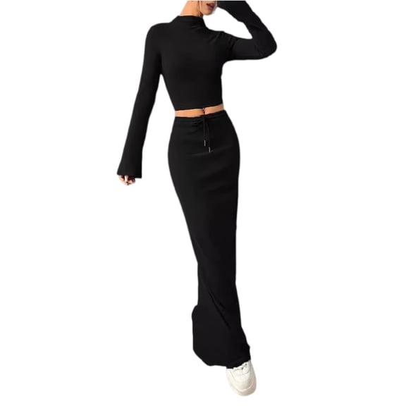Women's Long Sleeve Maxi Dress Two-Piece Set - Fashionable, Casual & Comfortable Outfit, Perfect for Daytime Events and Relaxation,Black,L