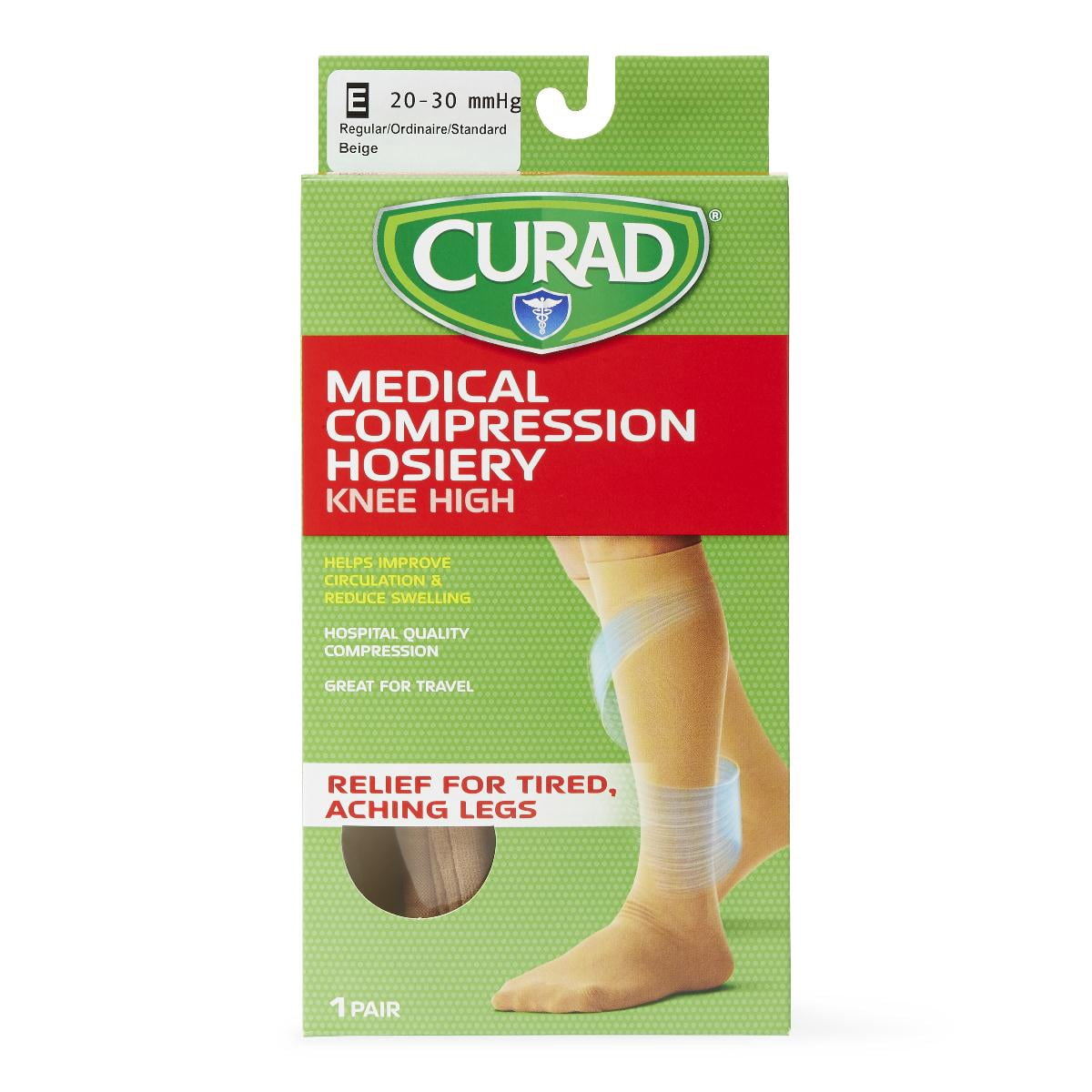 CURAD Knee-High Compression Hosiery with 20-30 mmHg, Tan, Size E, Regular Length, 1 Pair
