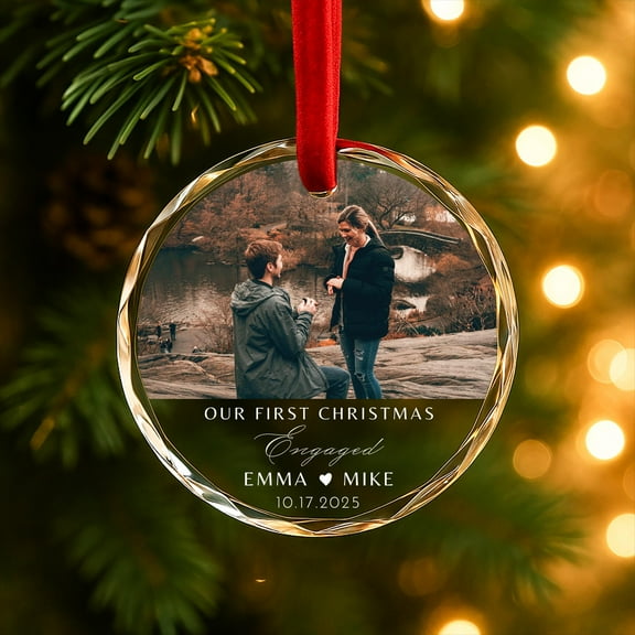 Personalized Engagement Photo Glass Ornament | Engaged Couple Christmas Gift, Custom Picture First Year Married Keepsake