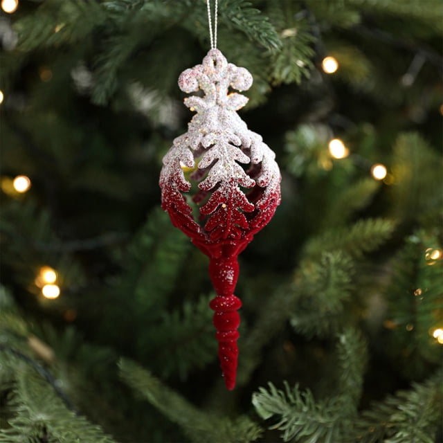 Adornos Navideños de Copos de Nieve, Rojos, Flocados y con Purpurina. Decoración Navideña de 17X6X6Cm. 1 Colgante.