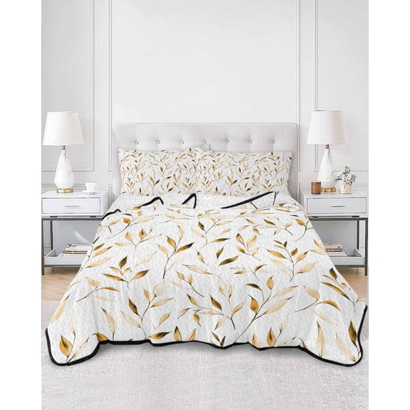 Quilts King Size, Yellow Brown Leaf Soft Comforter Bedding Set for Bed, Modern Botanical Foliage Plant Country Lightweight Quilted Bedspread with Pillow Cover(2 Pieces) for All Season, 96x106 Inch