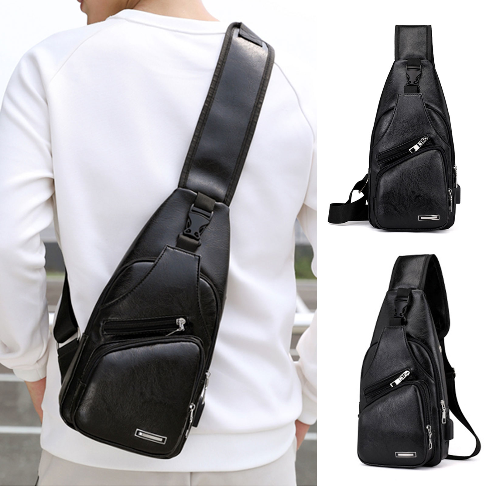 Mens Leather Sling Bag,Chest Shoulder Backpack Water waterproof Crossbody Bag