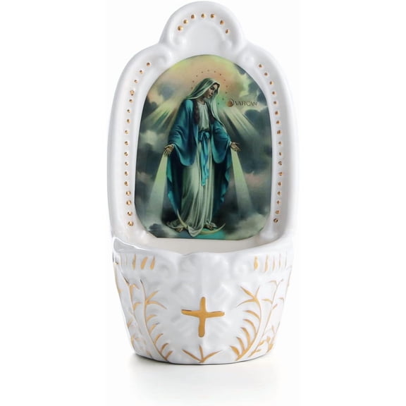 Porcelain Catholic Holy Water Font Virgin Mary Holy Water Font for Entrance of Home Church Wall Hanging Decor Great Gift for First Communion, Confirmation, or New Home, Catholic