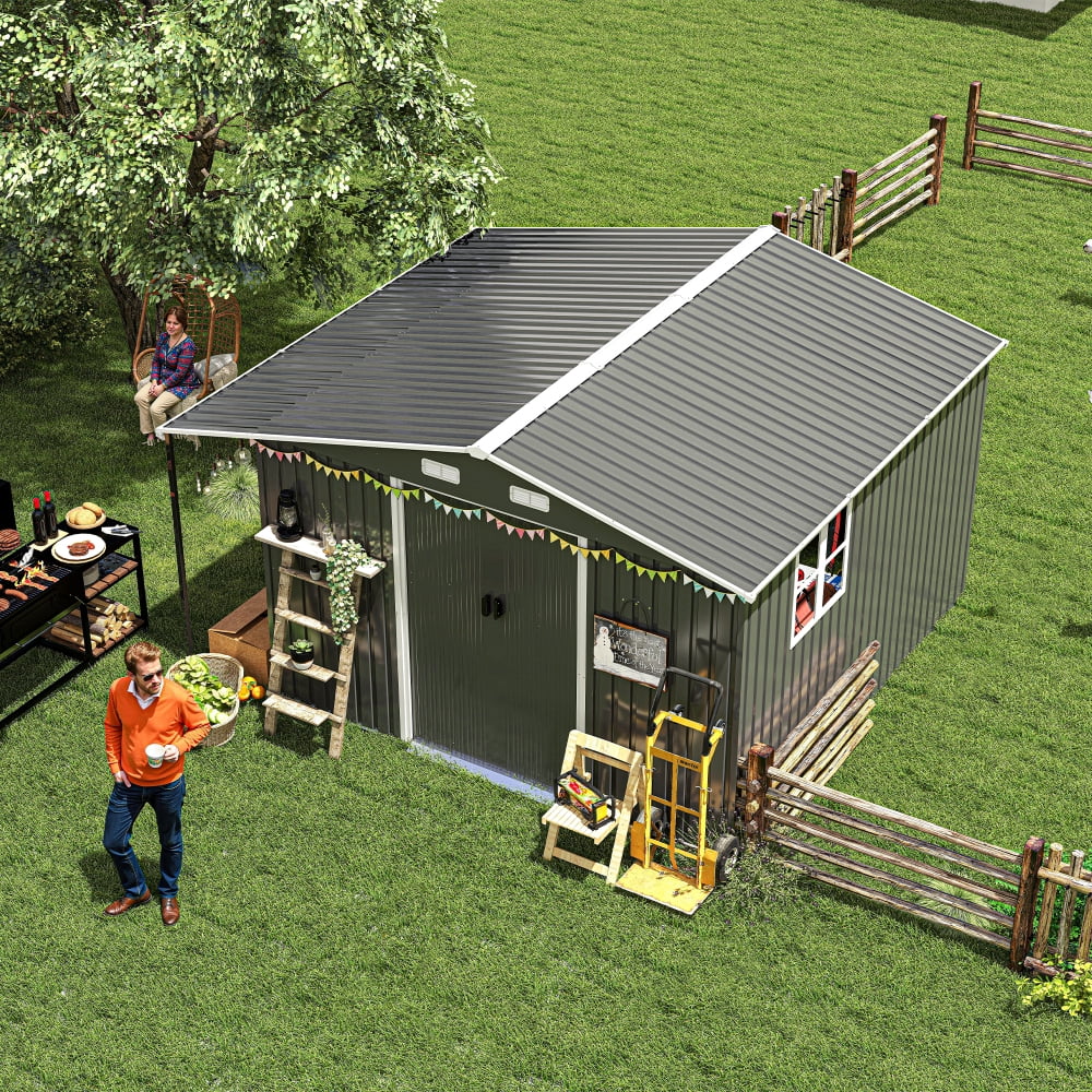10x12 FT Dual-Zone Metal Storage Shed, Features Lockable Tool Storage & Firewood Bay for Organized, Secure Backyard Utility