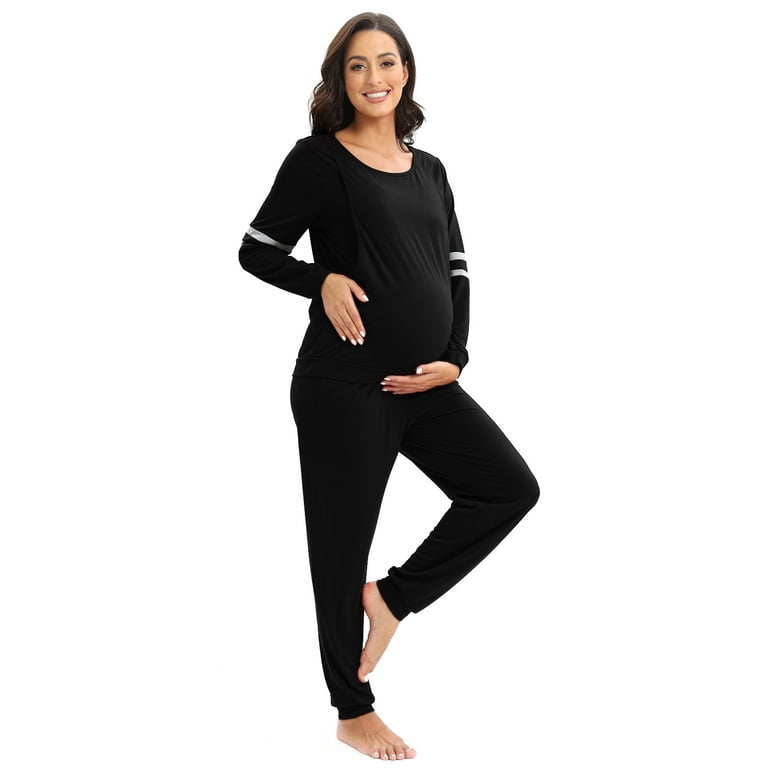 WBQ Women's Maternity Nursing Pajamas Set Double Layers Breastfeeding Pj  Set Long Sleeve Pregnancy Sleepwear Tops with Long Pants Loungewear Pjs  Set