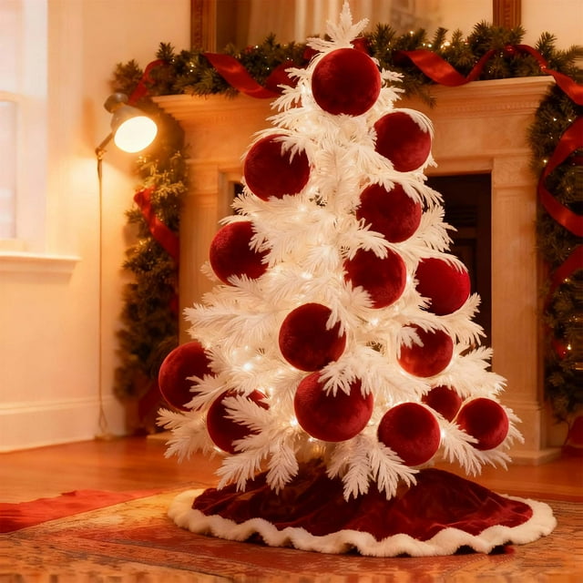 Chanana Grande Boule de Sapin de Noël Floconnée Ornements Suspendus Rouges Décorations DIY 5,9 Pouces Boules Floconnées Incassables pour Arbre Fête de Noël