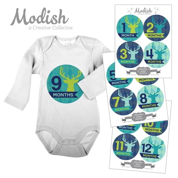 Monthly Baby Stickers, Boy, Deer, Antlers, Woodland, Teal, Mint, Navy Blue, Baby Photo Prop, Baby Shower Gift, Baby Book Keepsake, Modish Labels