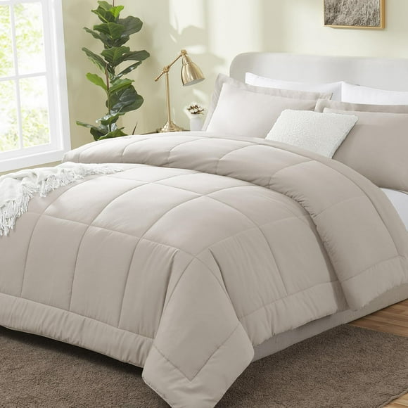 Cozylux King Size Comforter Sets - Beige Comforter King Size 3 Pieces Box Stitched Soft Lightweight Bed Set All Season Bedding Sets With 1 Down Alternative Comforter And 2 Pillow Shams