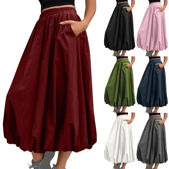 Womens Bubble Maxi Skirt Elastic Waist Puffy Hem A Line Skirt with Pockets Casual Flowy Long Skirt Summer Ruffle Skirt Summer Solid Ankle Skirt