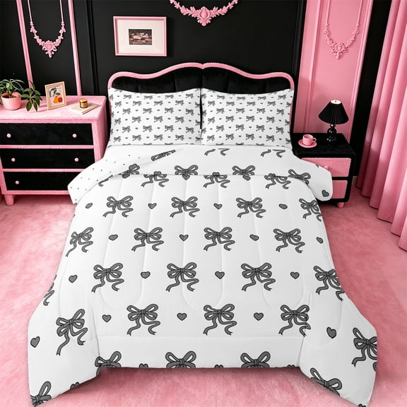 jejeloiu Cartoon Bowknot Loves Twin Comforter Sets,Black Kawaii Love Bedding Set For Girl Reversible 2pcs