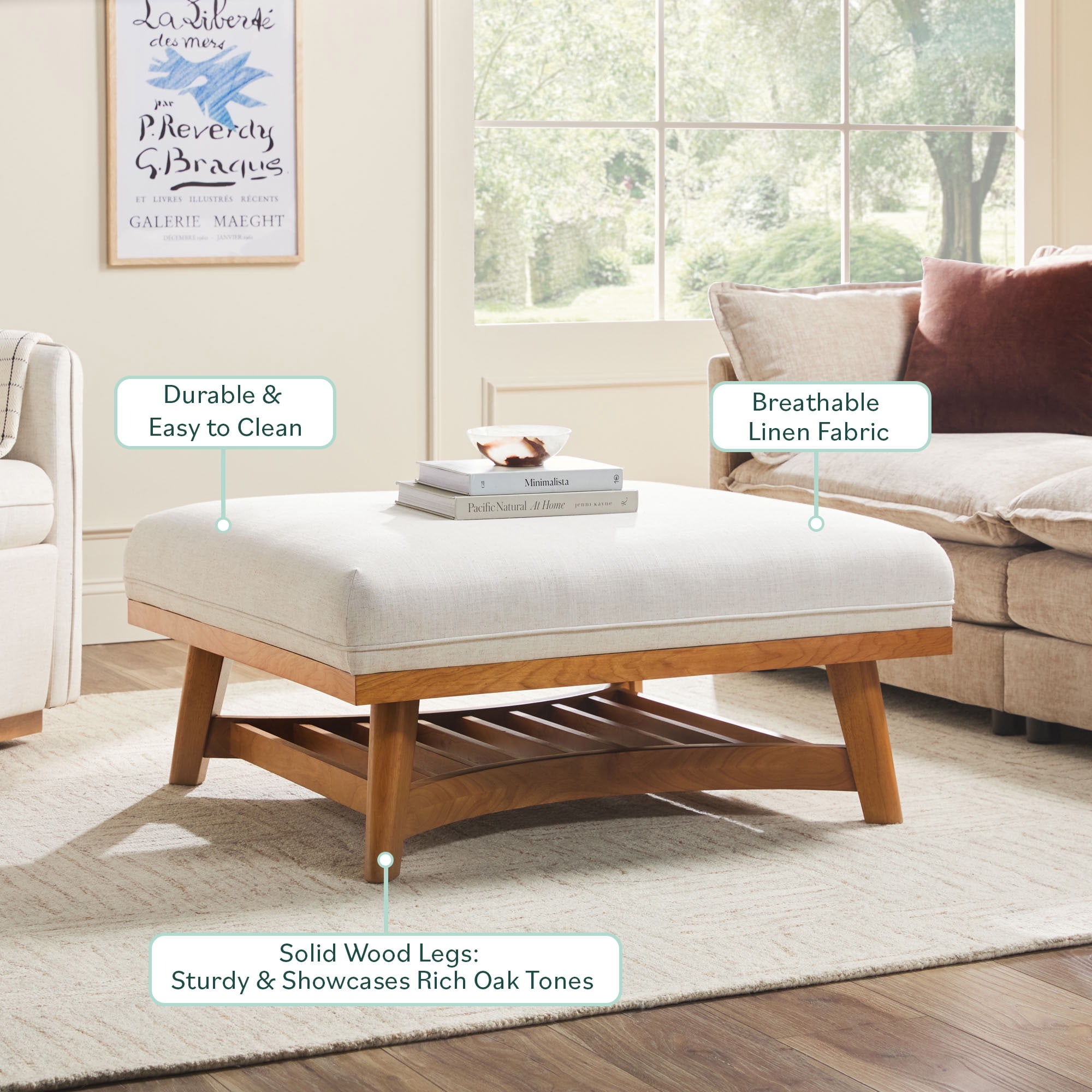 Walker Edison Modern Farmhouse Easy Assembly Linen Large Ottoman, Cream