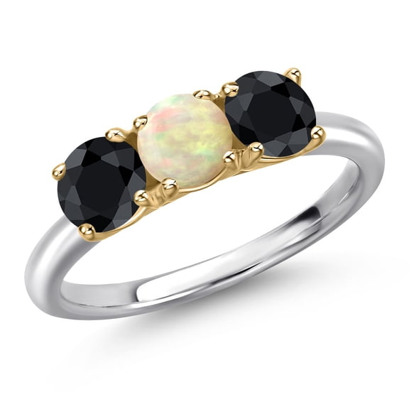 Gem Stone King 925 Silver and 10K Yellow Gold White Ethiopian Opal and Black Sapphire Engagement Ring for Women | 1.68 Cttw | Round Cabochon 5MM | Gemstone October Birthstone | Size 5