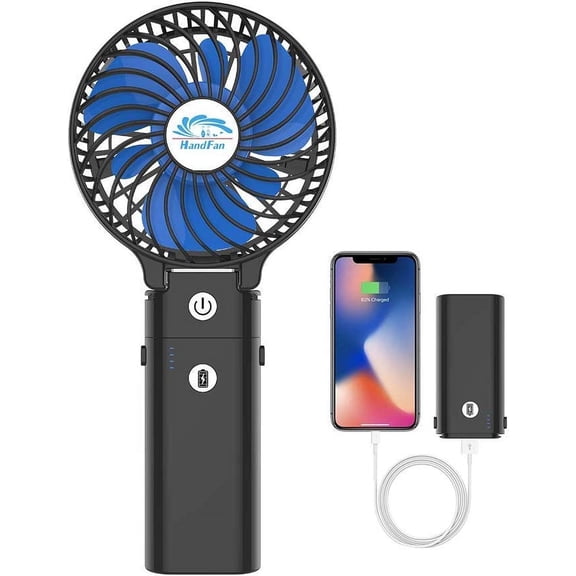 EnjinZZ 5200mAh Portable Handheld Fan Rechargeable with Power Bank-3 Speeds Foldable Personal Cooling, 2-IN-1 Hand Held Fan Battery Operated, 20H Runtime for Travel/Summer/Concerts/Women (Black&Blue)