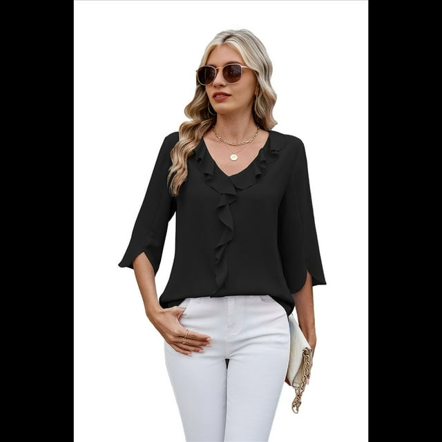 Blusas Casuales Elegantes para Mujer, con Mangas 3/4, Cuello en V y Volantes, Color Negro, Talla L