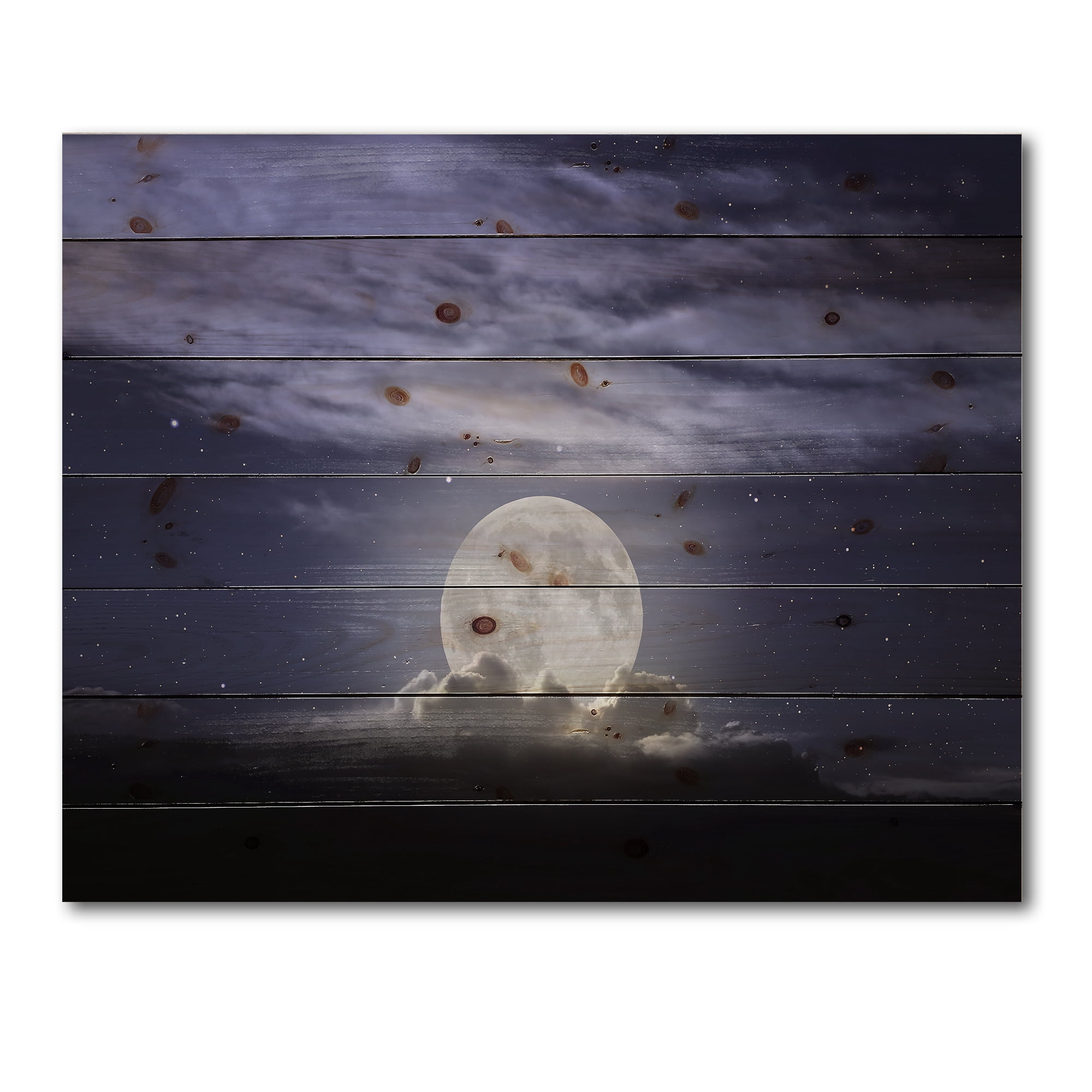 Designart 'Full Moon Rising In A Cloudy Night Sky' Nautical & Coastal Print on Natural Pine Wood