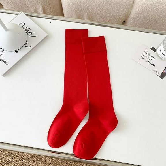 ERDOUY 3 Pairs Casual Tube Socks Cotton Knee High Socks for Women Solid Knit Knee Long Stocking All Season Gift，Stretch，Soft（Red）