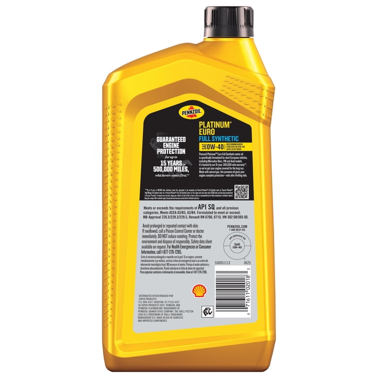 Pennzoil Platinum Euro0W-40ペンズオイル 4.73 L Pennzoil Platinum Euro Full Synthetic 0W-40 Motor Oil, 1 Quart