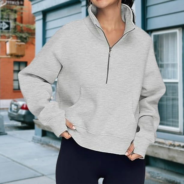 Sudadera Ropa de otoño con cuello alto y media cremallera para mujer, traje diario de color sólido (gris S) Kuymtek Gris T S para Mujer