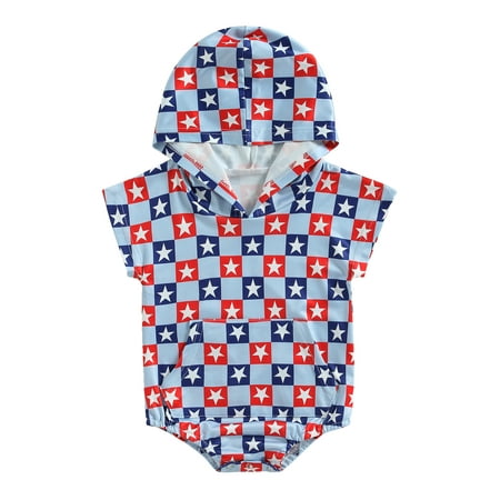 

aturustex 0-24 Months Baby 4th of July Romper Short Sleeve Star Checkerboard Print Newborn Hooded Bodysuit Independence Day Jumpsuit