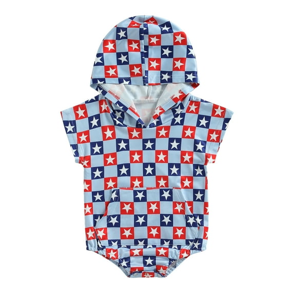 Wassery Infant Baby Boys 4th of July Romper Short Sleeve Star Checkerboard Print Newborn Hooded Bodysuit My First Independence 's Day 0-24M