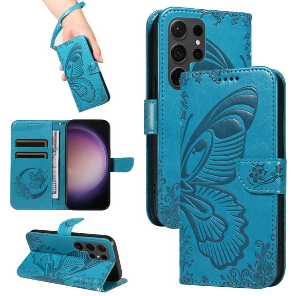 for Samsung Galaxy S25 Ultra Case Wallet for Women, Flip Folio Cover with Butterfly Pattern PU Leather Stand Card Holder Slots Wrist Strap Protective Phone Case for Samsung Galaxy S25 Ultra, Blue