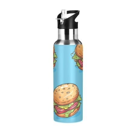 

Cute Cartoon Hand Drawn HamburgersSports Bottle with Straw Stainless Steel Water Jug Portable Thermal Cup Leak-proof 1000ML