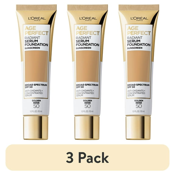 (3 pack) L'Oreal Paris Age Perfect Radiant Serum Foundation with SPF 50, Golden Beige, 1 fl. oz.