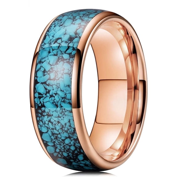 Wedding Ring For Men. 8mm Crushed Turquoise Silver Tungsten Wedding Band