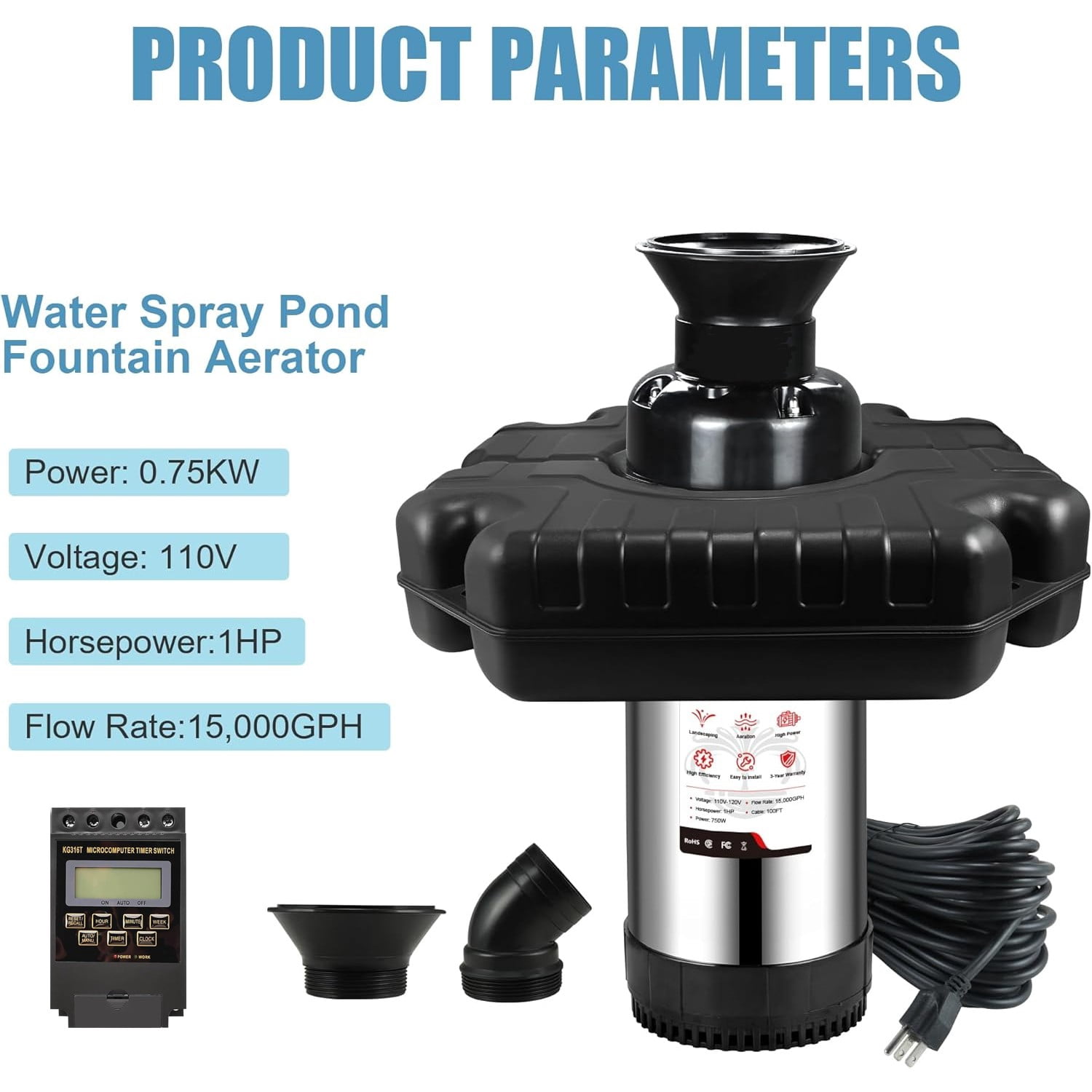 FOUR E's Scientific Pond Fountain Aerator, 1HP 750W 110V Stainless Steel Floating Fountain With 100ft Power Cord, Octagon Aerating Fountain Pump