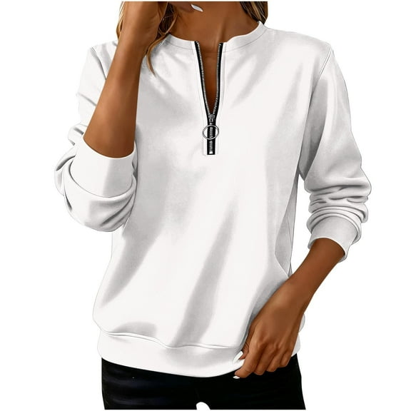 Womens Half Zip Sweatshirts Loose Cotton Fleece Casual Crewneck Pullover Tops Solid Color Fall Clothes 2025 (XL, White)