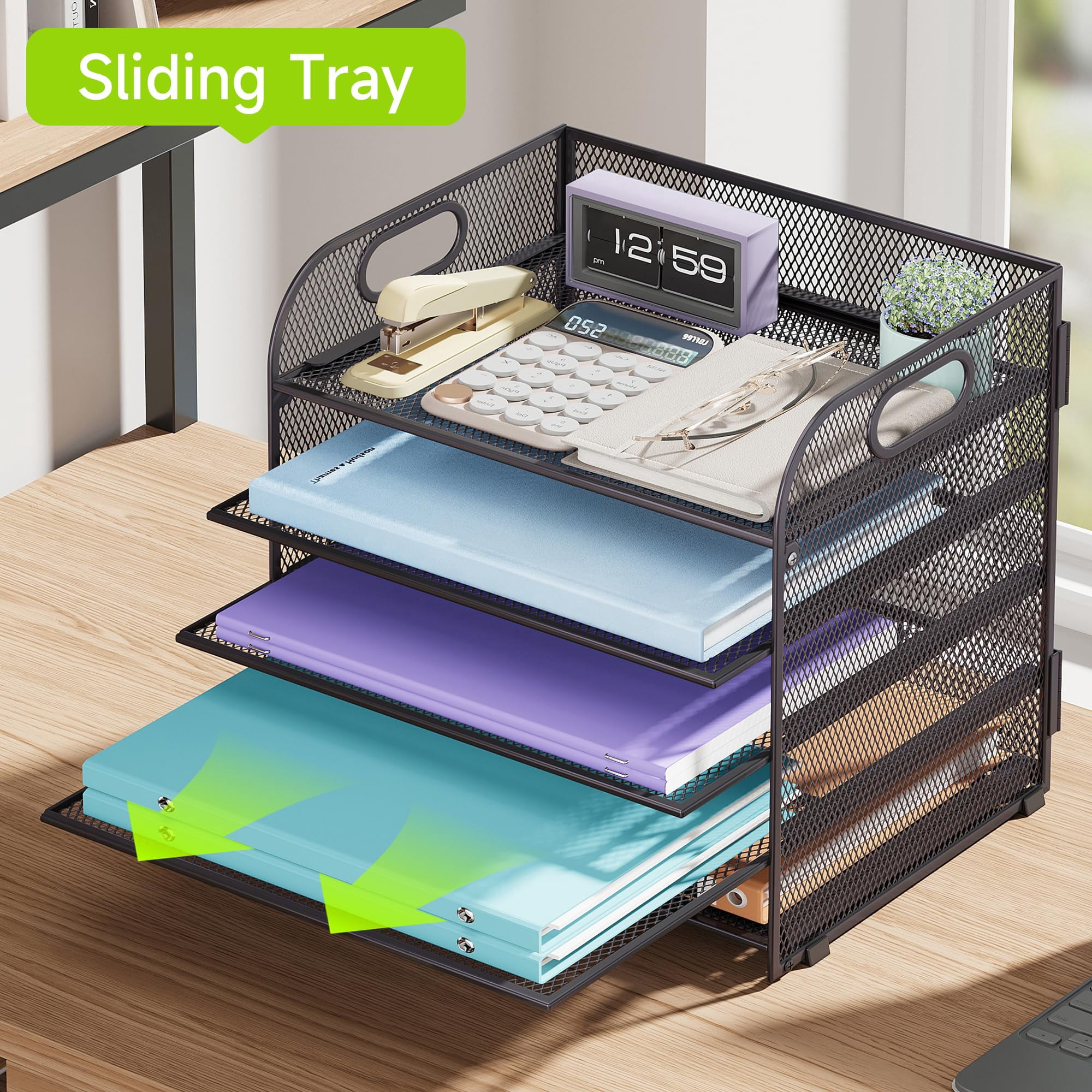 5 Tier Paper Organizer With Handle  Grey Metal Mesh Desk File Folder Letter Tray Desktop Document Sorter For Classroom School Office Accessories Organization And Storage