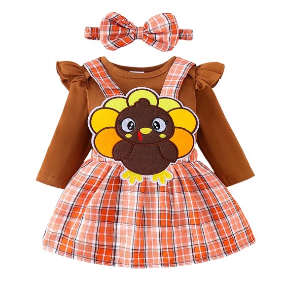 OJSFQUFP Baby Girl Fall Winter Outfits Thanksgiving Outfit Long Sleeve Romper Suspender Skirt Set 3Pcs
