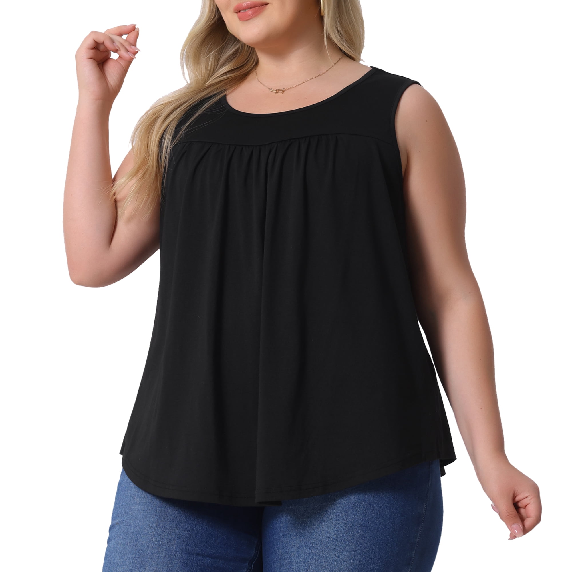 DARING DIVA Women's Plus Crew Neck Boho Pleated Curved Hem Tank Top Blouse 2X Black