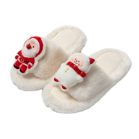 

PRINxy Santa Claus Women S Slippers House Bedroom Slippers For Women Fuzzy Plush Comfy Lined Slide Shoes Christmas Indoor Shoes White US:6.5-7