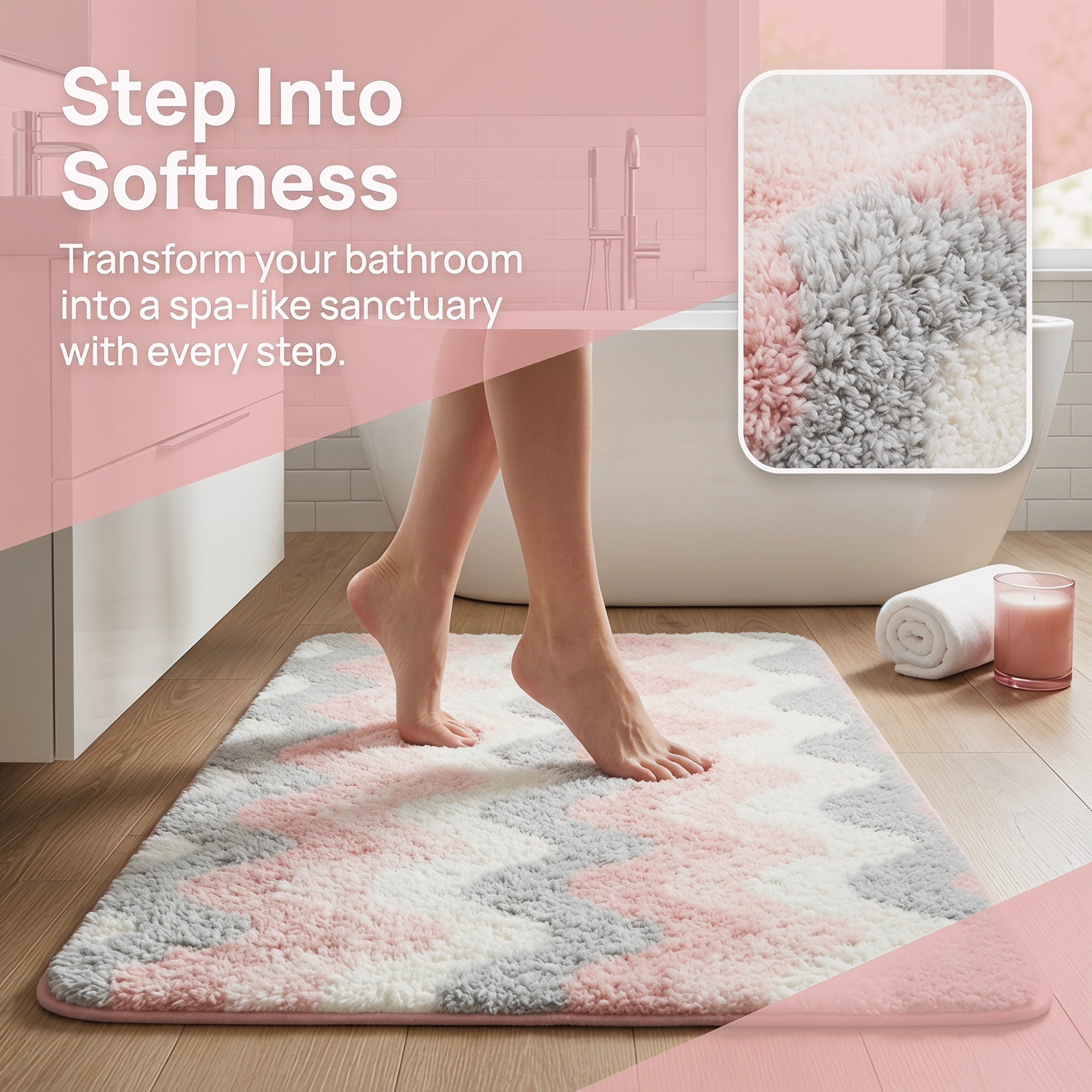 Unique Bargains Absorbent Non-Slip Machine Washable Geometric Bath Mat Pink 32" x 20"