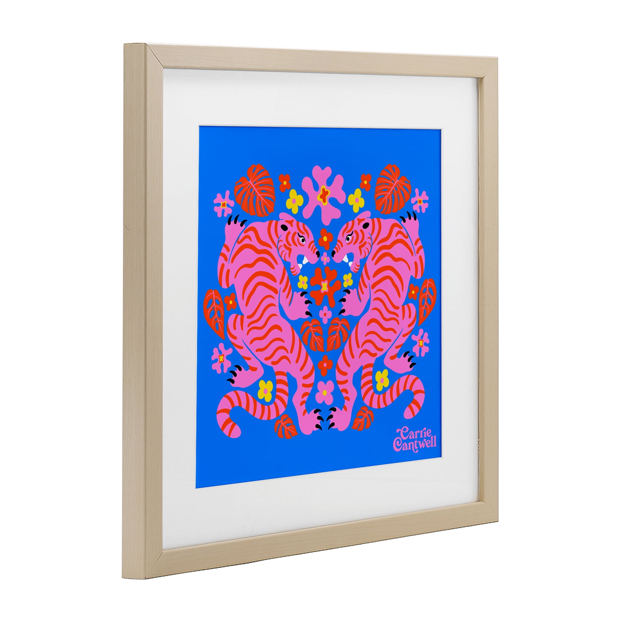 Stupell Industries Pink Tigers and Monstera Birch Framed Print Under Glass, design by Carrie Cantwell