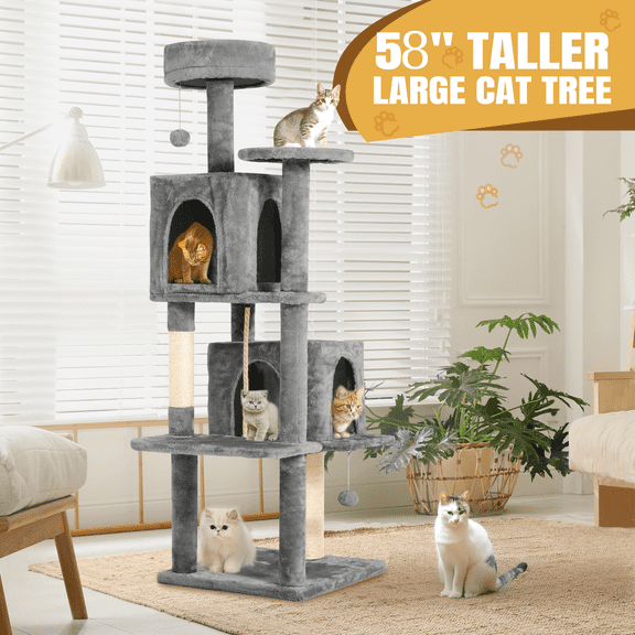 NINESHI 58" Cat Tree Large Cat Tower Condo w/ Multi-Level Scratching Post for All Indoor Cats, Gray