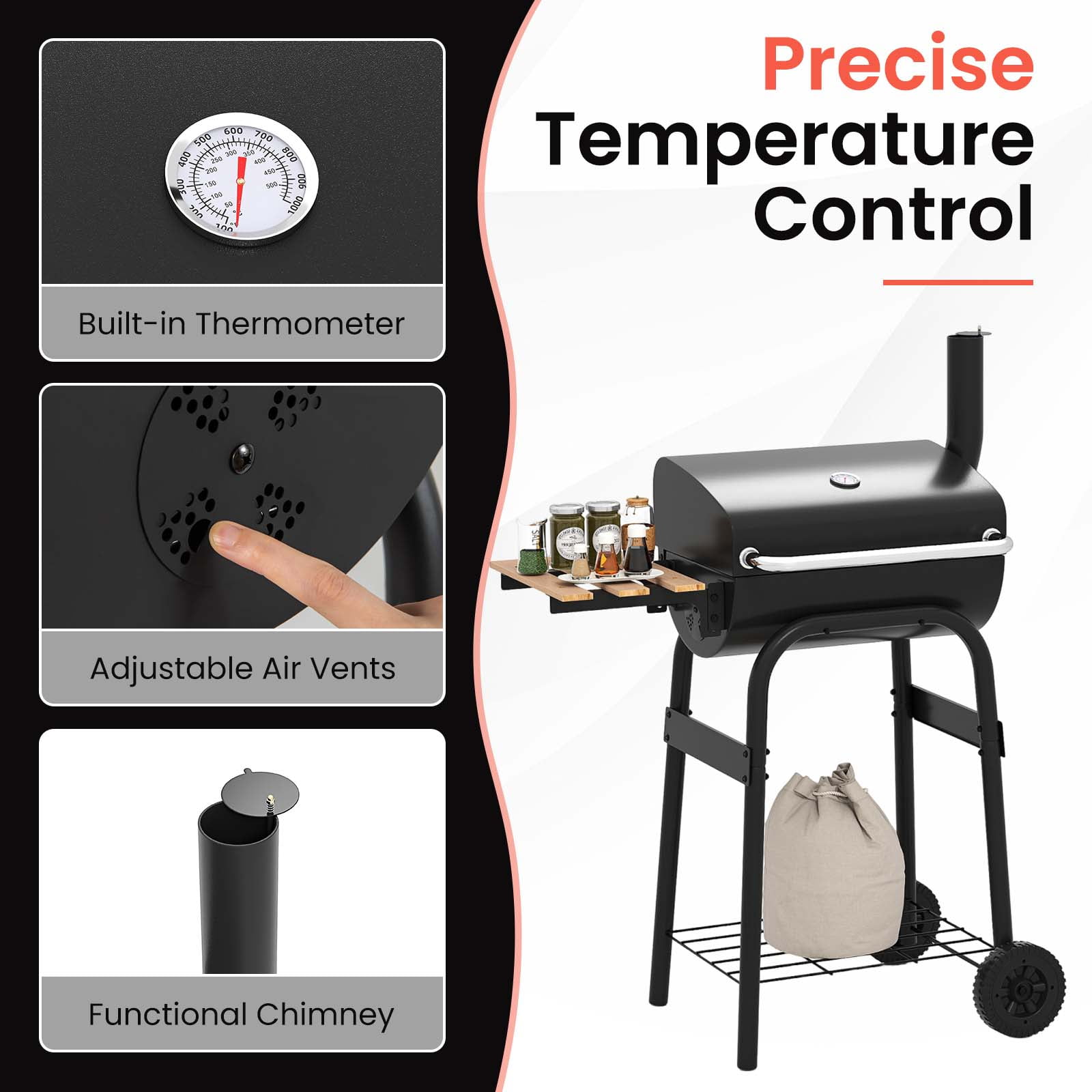 Costway Barrel Charcoal Grill with Foldable Side Table Built-in Thermometer & Storage Shelf