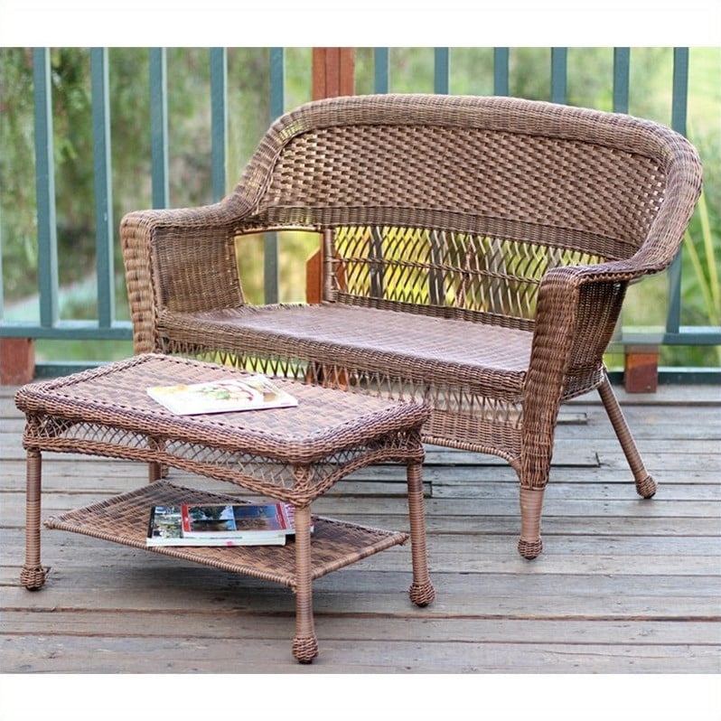 Jeco Wicker Patio Love Seat And Coffee, Outdoor Wicker Sofa Without Cushions