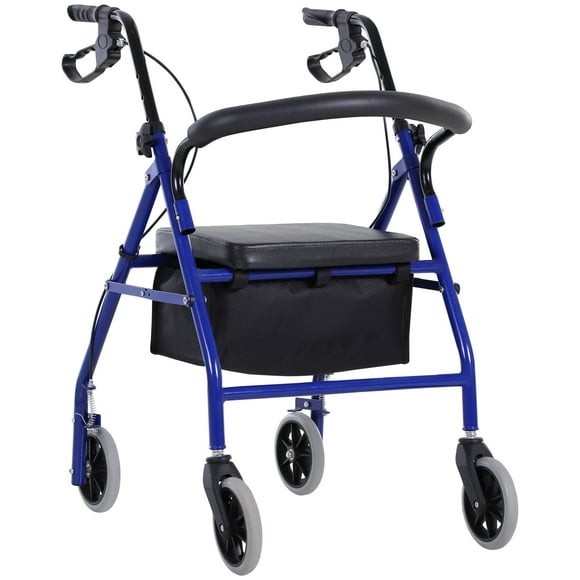 HOMCOM Folding Aluminum Rollator Walker with Adjustable Handle Height, Cushioned Flip Up Seat and Convenient Storage Bag, Rolling Wheels with 2 Barker, Blue