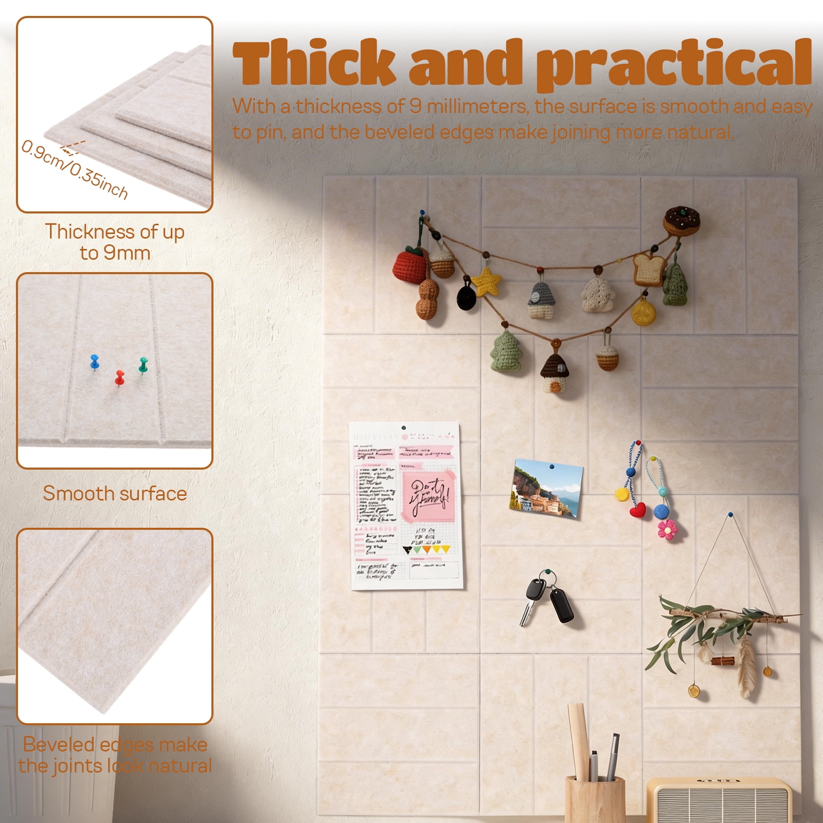 12PCS Felt Bulletin Board Tiles with Adhesive Tabs and Pushpins Felt Wall Tiles Push Pin Board Wall Organizer for Office Home Decoration