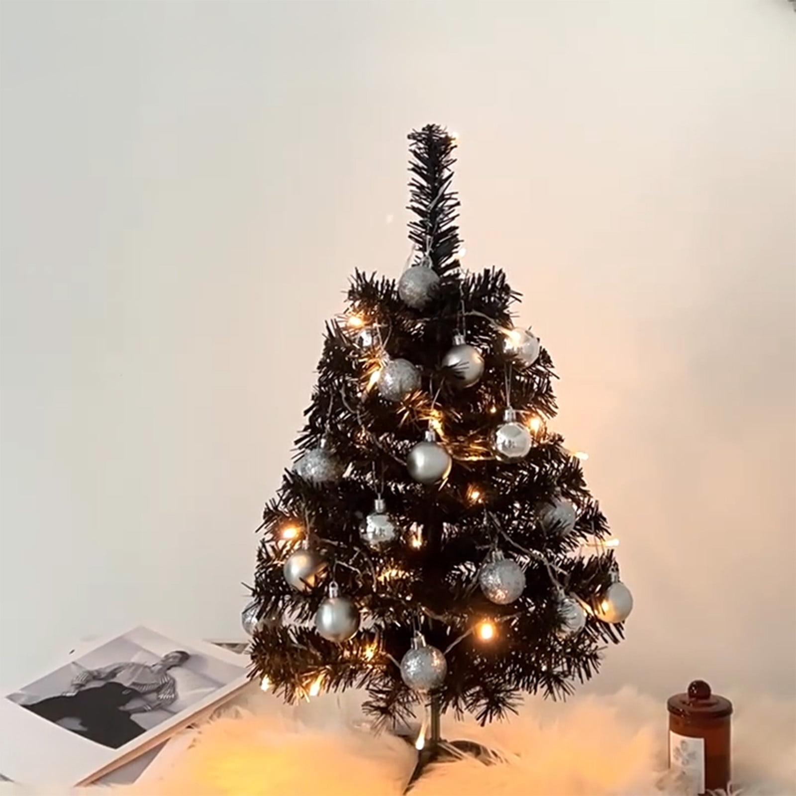 CASAFUN Mini Black Christmas Tree, Tabletop Christmas Tree with Light and Ornament, Pre-Lit Desktop Christmas Tree Xmas Tree for Christmas Decoration Supplies